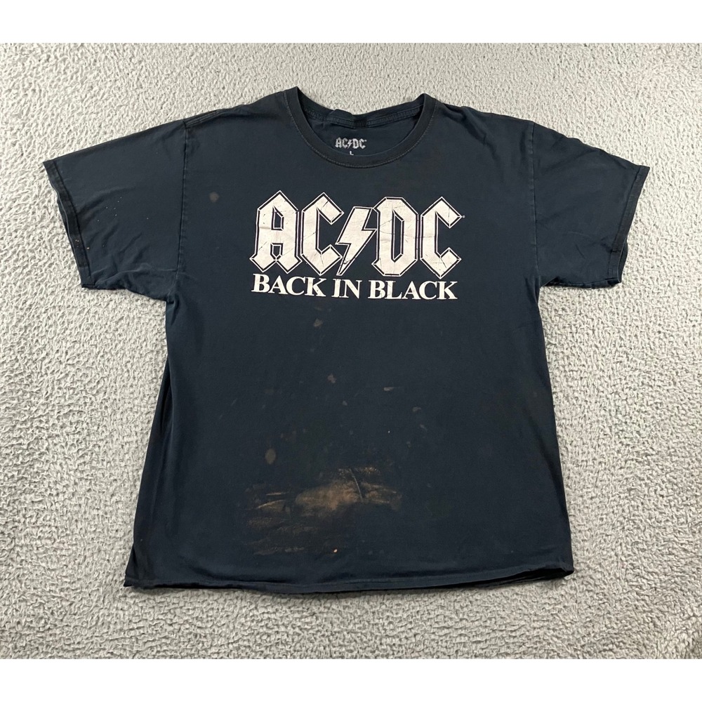 AC/DC Graphic T-Shirt Men L Back In Black‎ Distressed Bleach Stained Thrashed